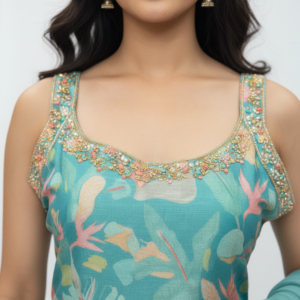 Teal Blue Floral Printed Kurta Set with Embroidered Neckline & Chiffon Dupatta for Women